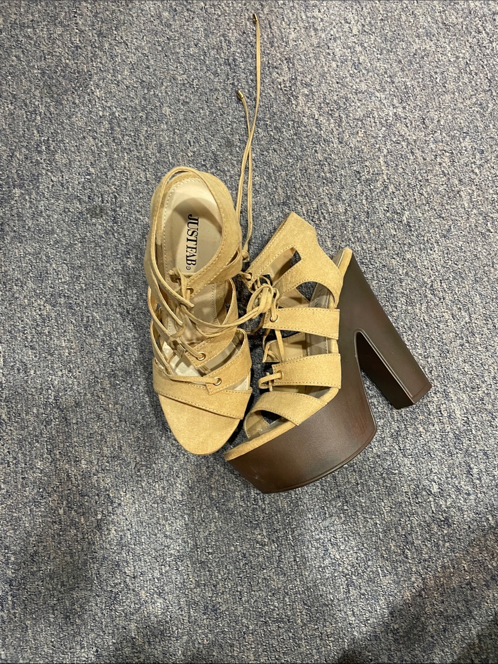 JustFab Beige Suede Lace-Up Platform Sandals with Brown Block Heel